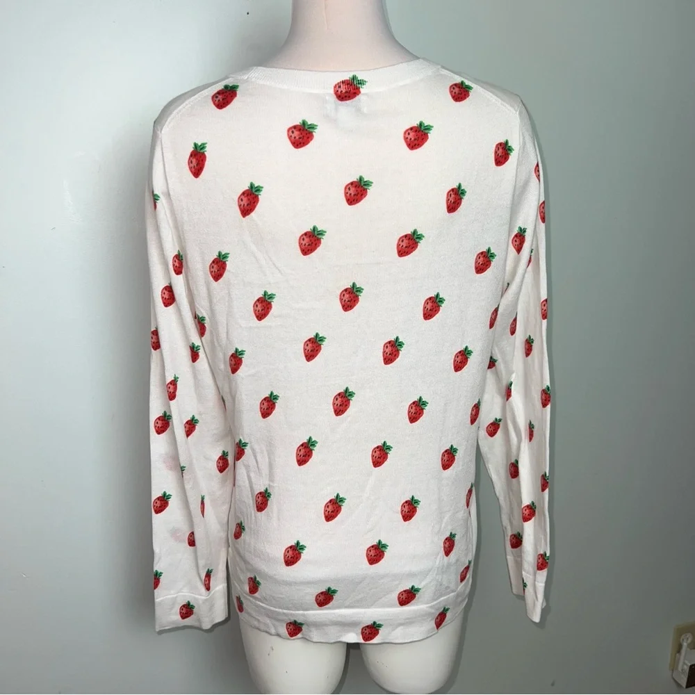 J. Crew Teddie Strawberry Print Cotton Sweater Cream Preppy Red Fruit Graphic L